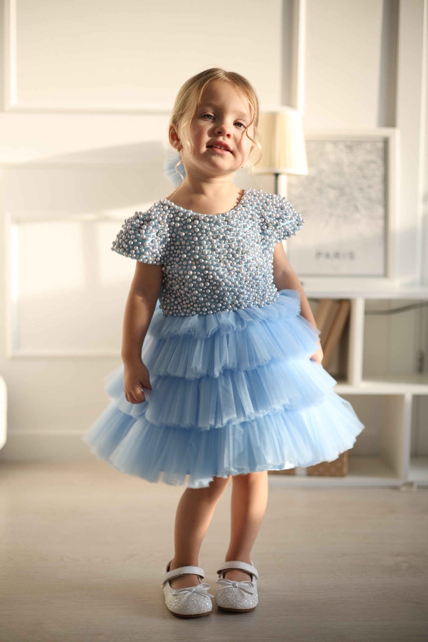 Girls' Christening dress with white pearls and tulle bodice — Rosa blue Dresses