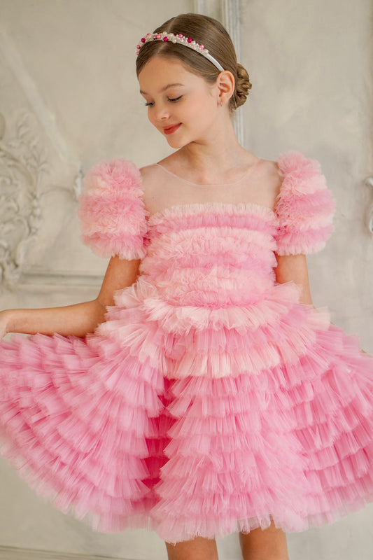 Robe de ceremonie malaika en rose tulle ruffle