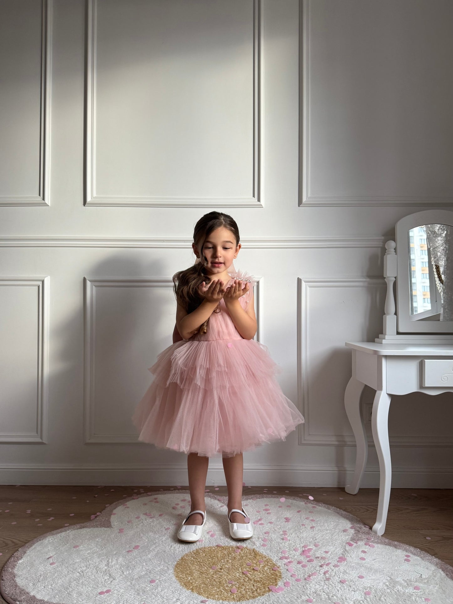 robe cérémonie enfant bois de rose tulle chic avec perles