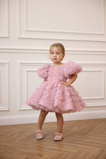 Robe Fleurs 3D Rose Fille | Col rond | Flor