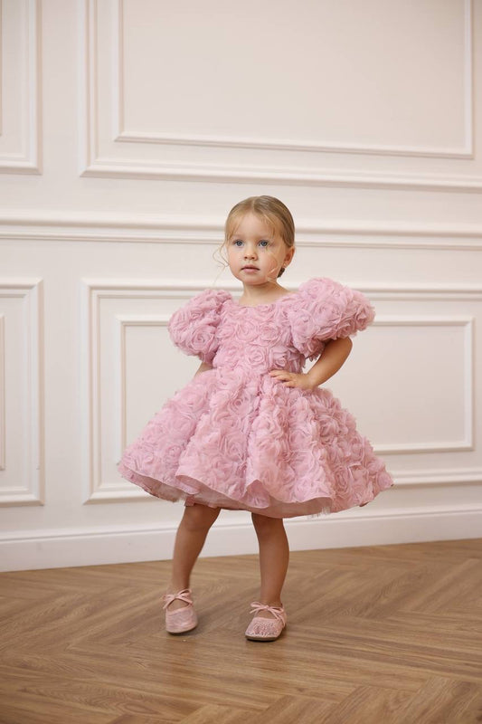 Robe Fleurs 3D Rose Fille | Col rond | Flor