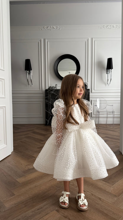 Robe Cérémonie Fille Blanche à Pois| Baptême Mariage |Ella