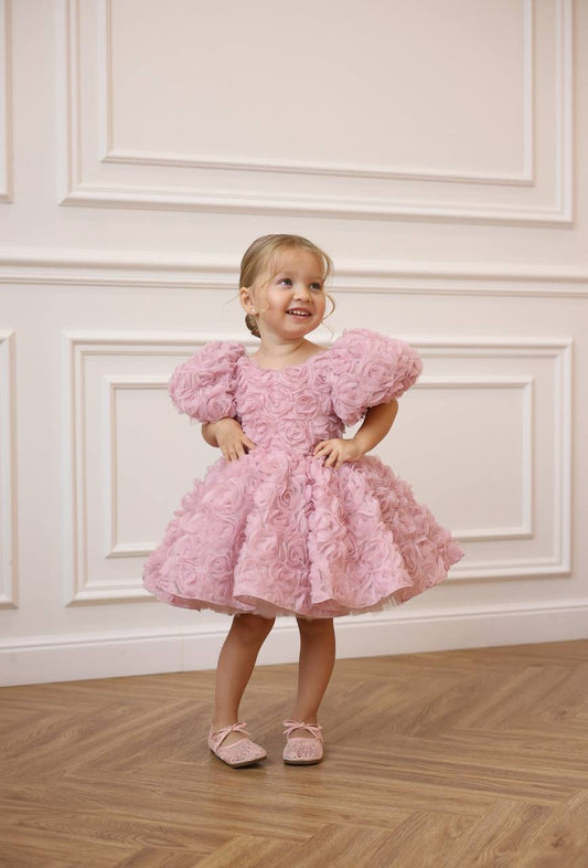 Robe Fleurs 3D Rose Fille | Col rond | Flor