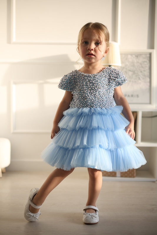 Robe anniversaire fille perles bleu ciel |Corsage Perles & Tulle Étagé