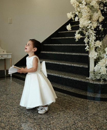 Robe demoiselle d’honneur fille mikado blanc |Nœud Dos & Dos Nu| Dolce