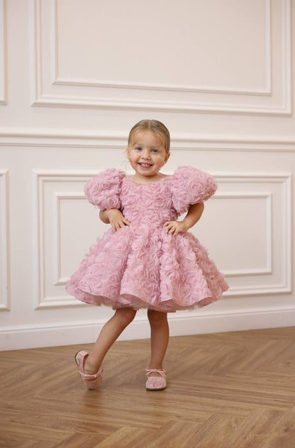 Robe Fleurs 3D Rose Fille | Col rond | Flor