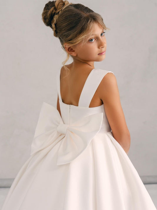 Robe mariage fille mikado ivoire hi-low — Mini Traîne & Grand Nœud | Rosa Blue Dresses
