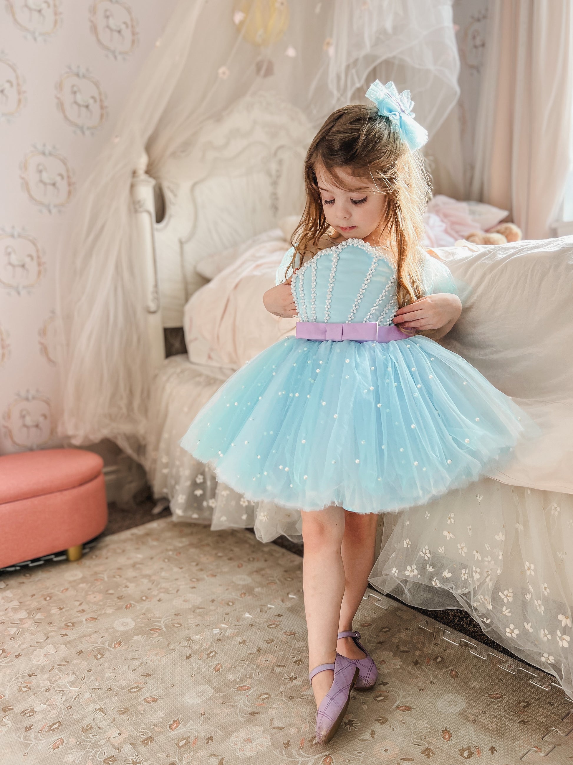 Turquoise Mermaid Girl's Birthday Dress — Shell Bodice & Pearls