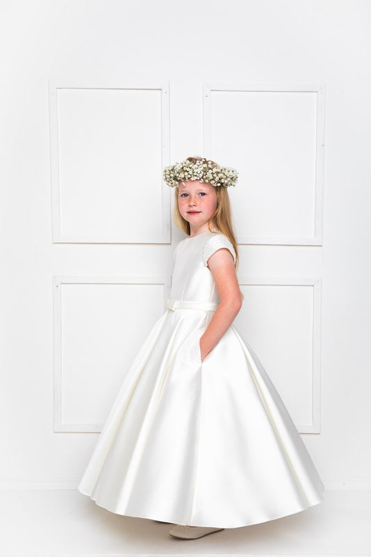 Mikado Girls' Christening Communion Dress with Beaded Sleeves — With Pockets | Rosa Blue Dresses