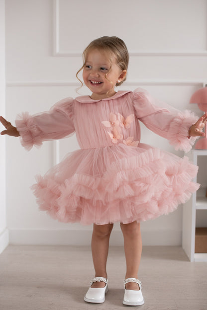 Robe cérémonie enfant en tulle avec effet froufrou, manches bouffantes et superposition de volants