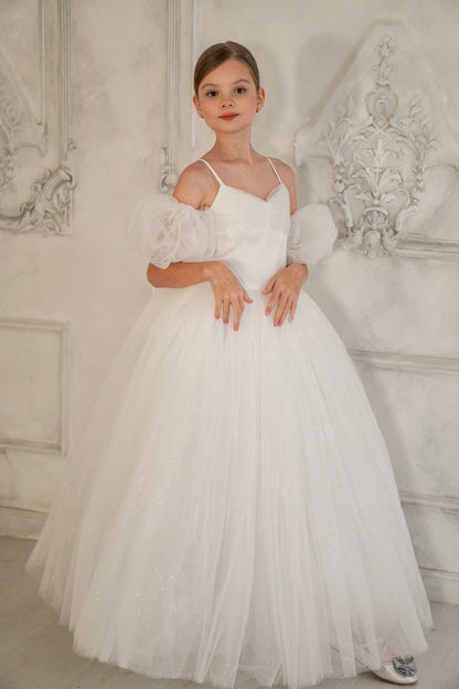Robe de bal pour fille en tulle blanc pailleté avec manches amovibles