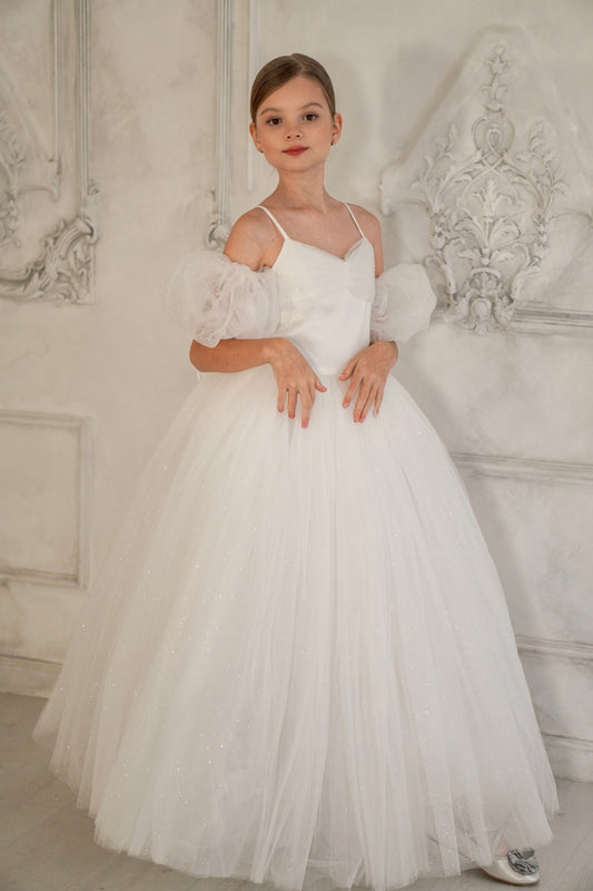 Robe de bal pour fille en tulle blanc pailleté avec manches amovibles