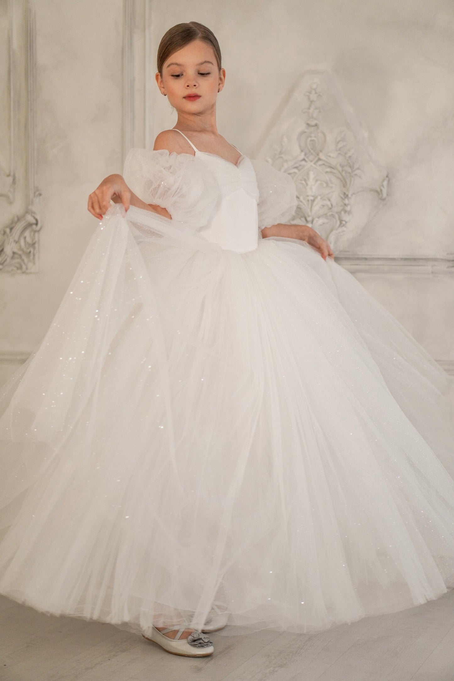 Robe de cérémonie fille blanche en tulle scintillant avec manches détachables