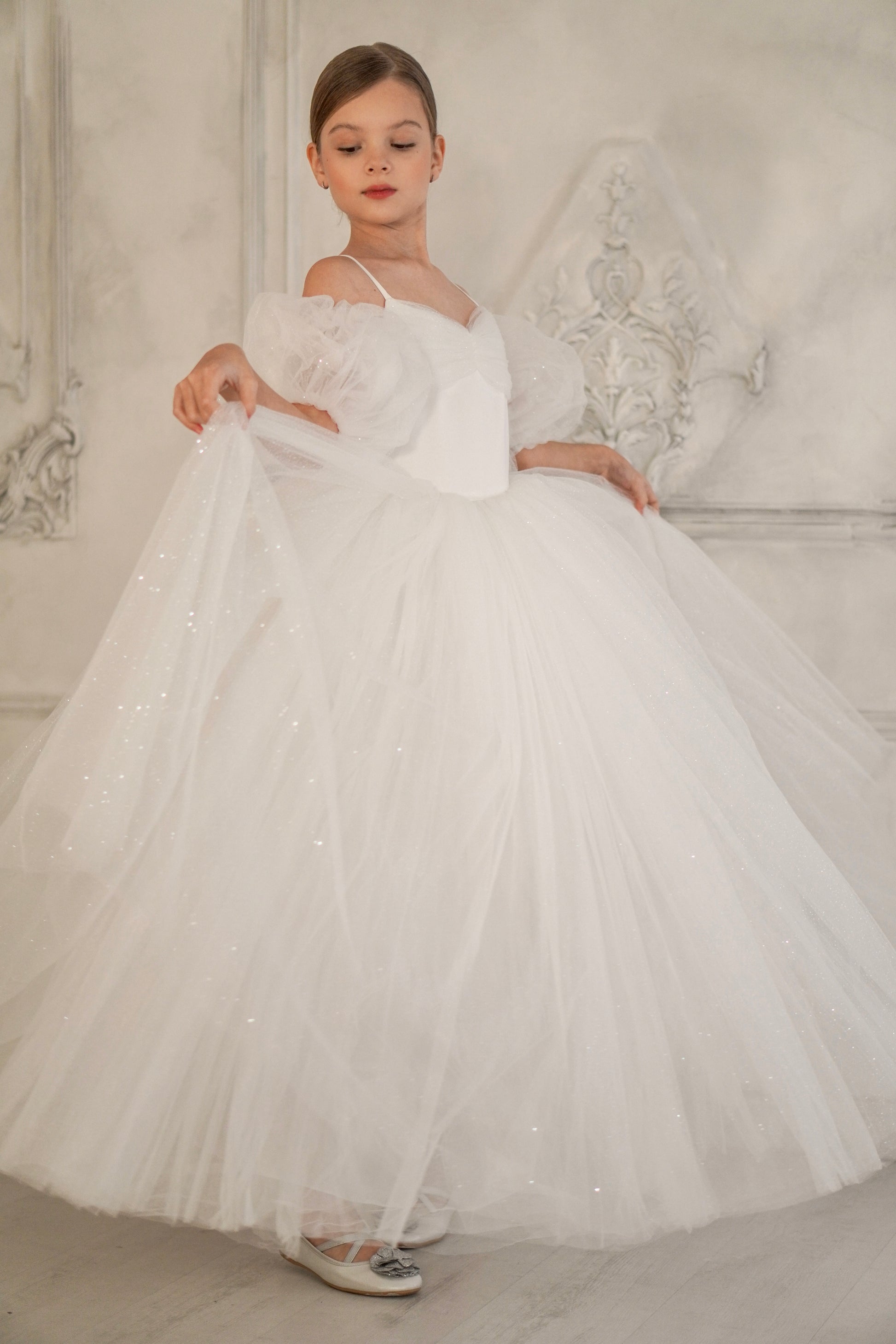 Robe de cérémonie fille blanche en tulle scintillant avec manches détachables