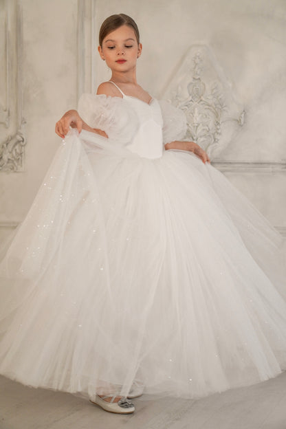 Robe de cérémonie fille blanche en tulle scintillant avec manches détachables