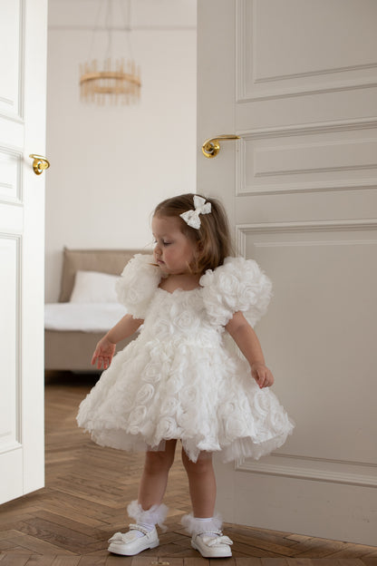 Robe fille blanche 3D fleur 2 ans 