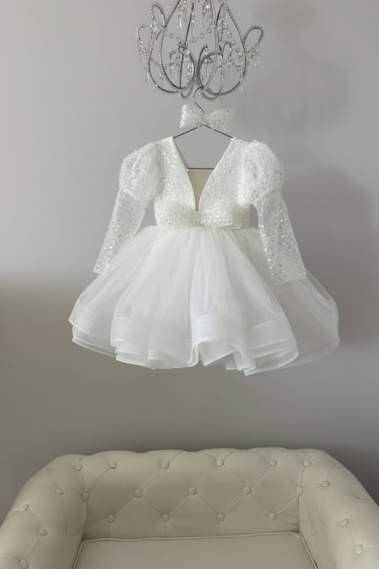 Robe fille blanche scintillante manches longues avec effet brillant raffiné