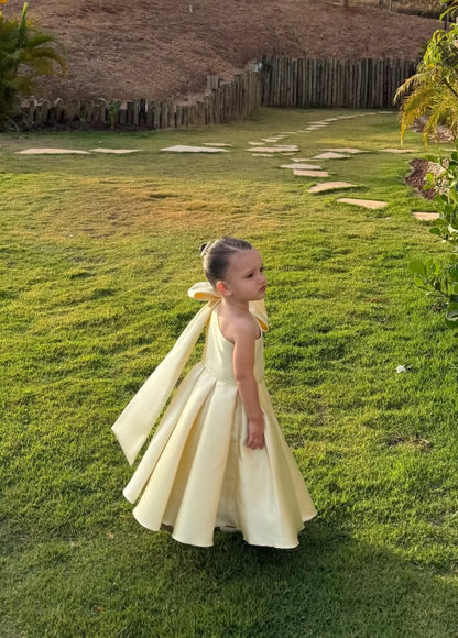 Robe fille mariage Jaune beurre asymétrique avec nœud