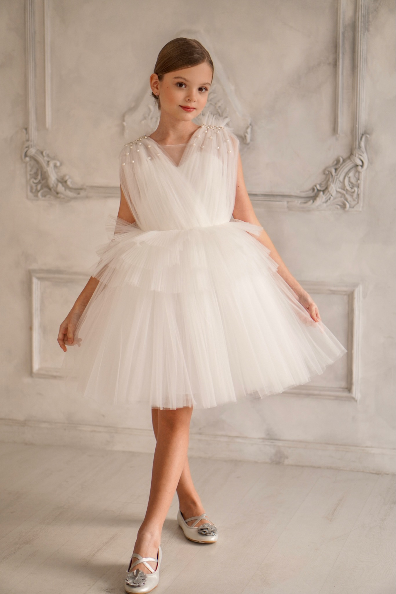 Robe fille mariage élégante blanche col V tulle