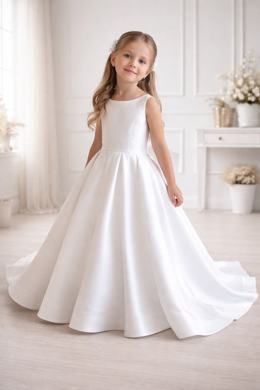Robe longue fille en mikado blanc ivoire avec grand nœud au dos