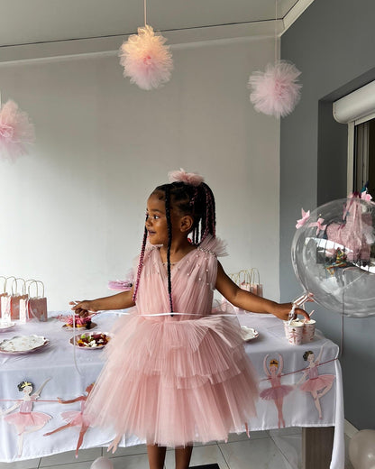 Robe princesse bois de rose avec jupe en tulle et finitions perles délicates