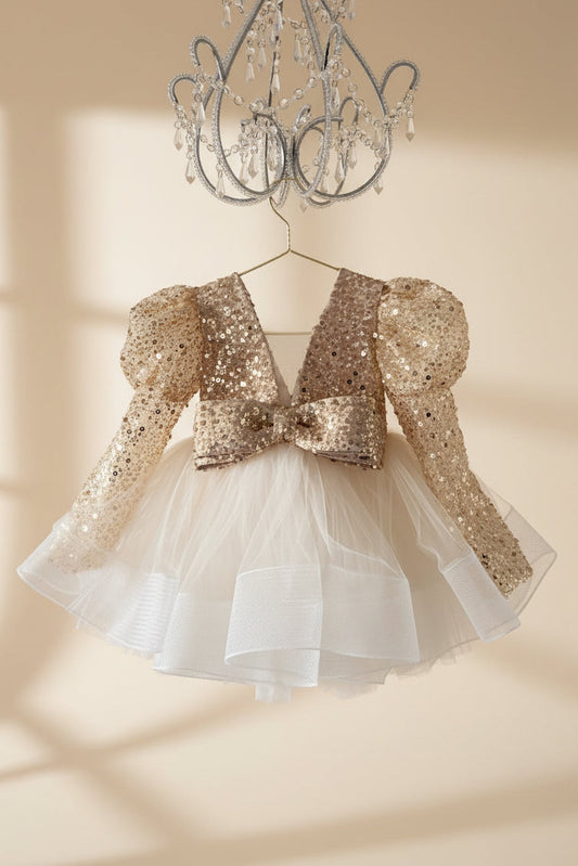 robe cérémonie champagne à paillettes dorées avec manches longues rendu lumineux élégant