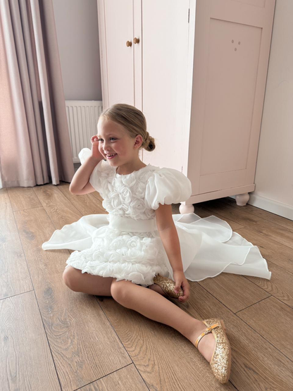 robe cortège fille organza blanc roses 3D traîne amovible