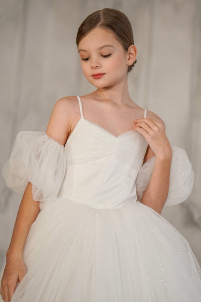robe de fête fille blanche brillante en tulle avec manches amovibles